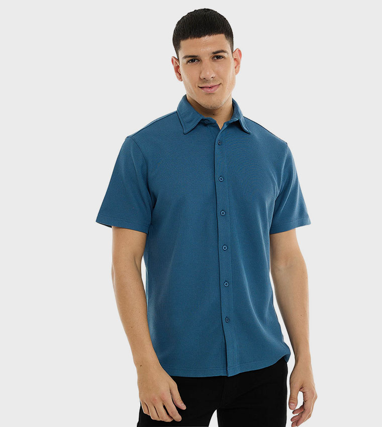 Textured Shirt with Classic Collar and Short Sleeves