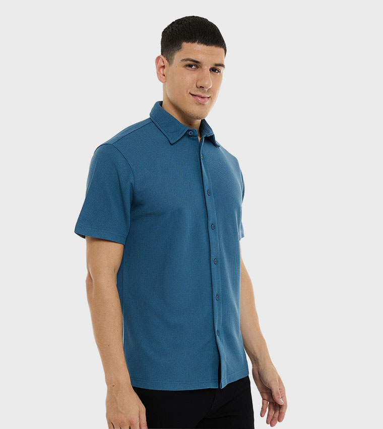 Textured Shirt with Classic Collar and Short Sleeves