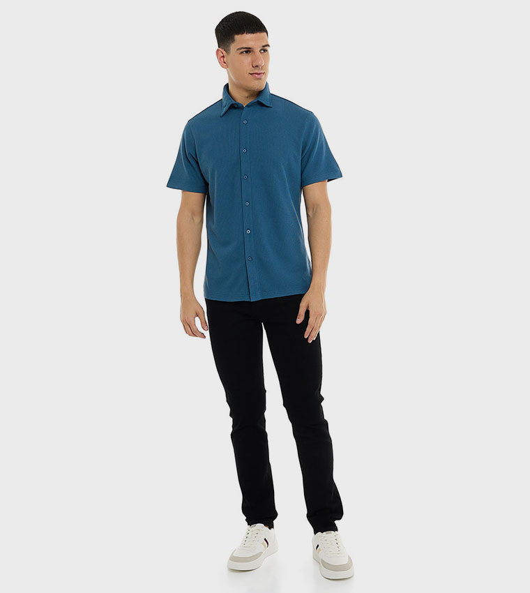 Textured Shirt with Classic Collar and Short Sleeves