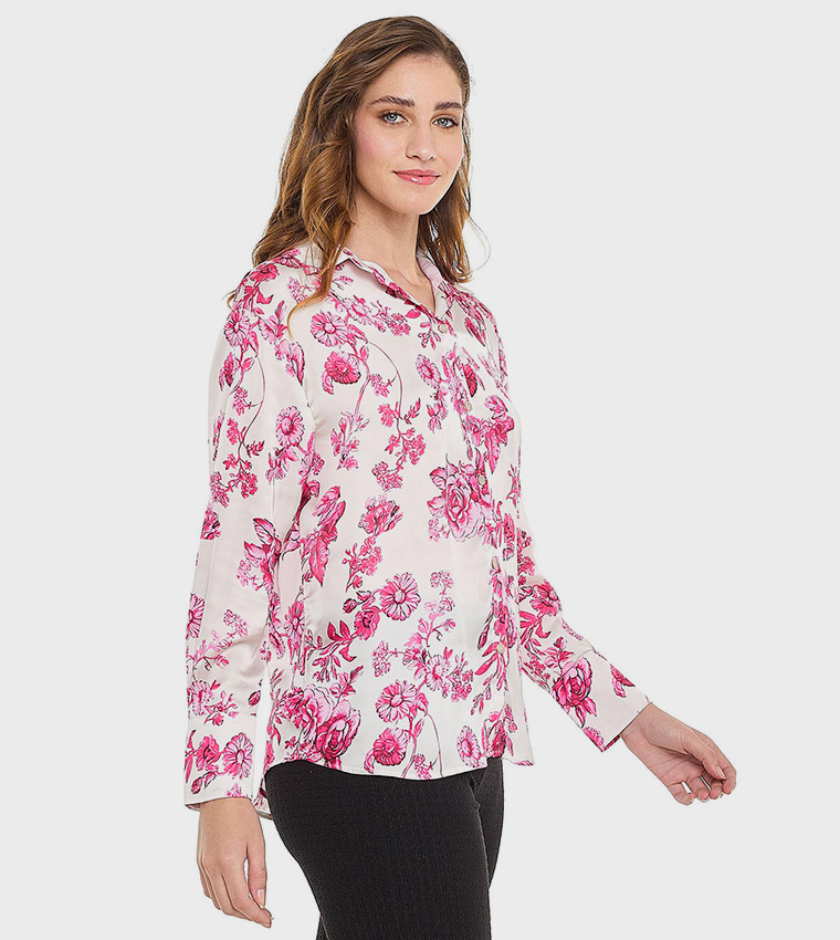 Floral Print Shirt with Spread Collar