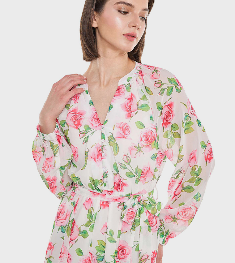 Floral Printed Maxi Dress with V-Neck and Long Sleeves