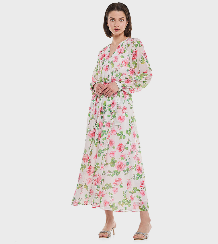Floral Printed Maxi Dress with V-Neck and Long Sleeves