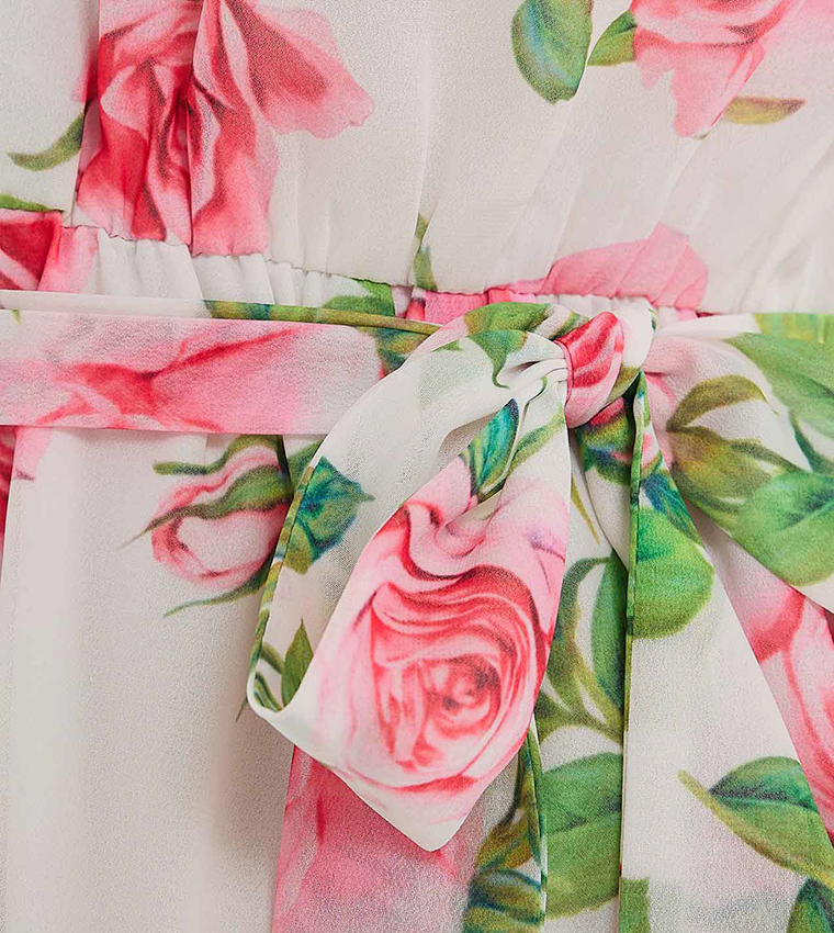 Floral Printed Maxi Dress with V-Neck and Long Sleeves