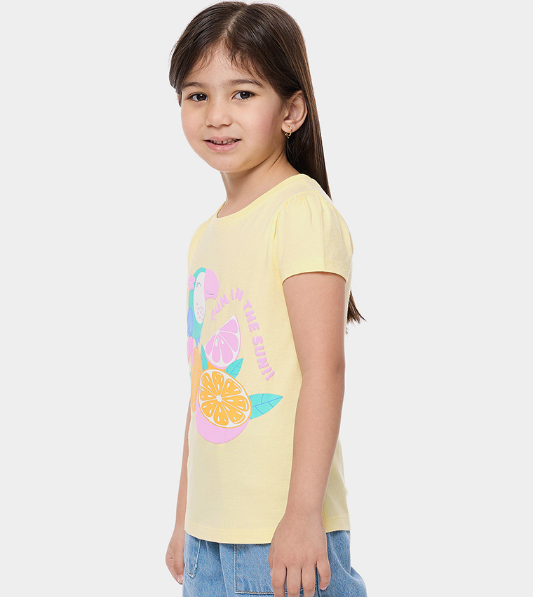 Printed Top with Crew Neck and Puff Sleeves