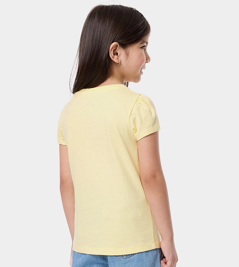 Printed Top with Crew Neck and Puff Sleeves