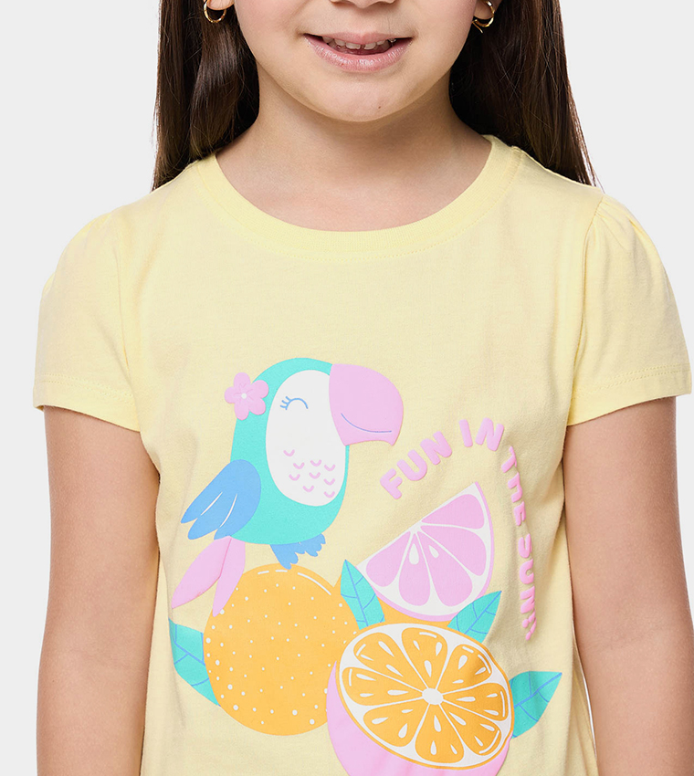 Printed Top with Crew Neck and Puff Sleeves