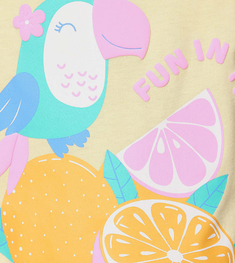 Printed Top with Crew Neck and Puff Sleeves