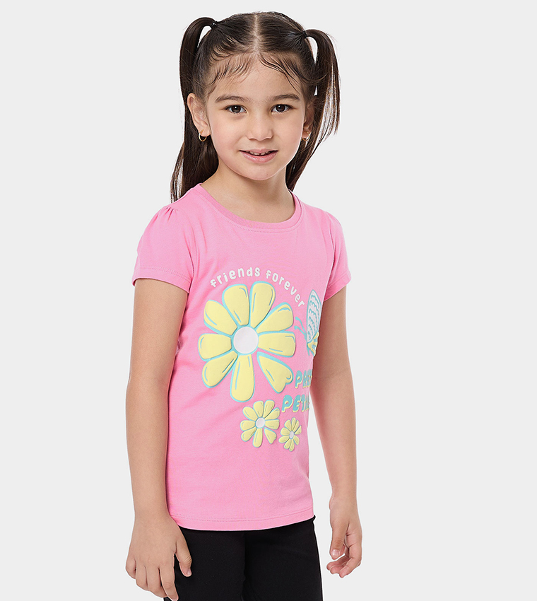 Printed Top with Crew Neck and Puff Sleeves