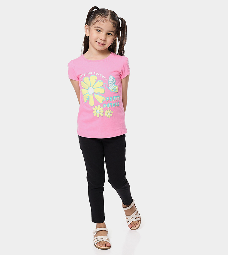 Printed Top with Crew Neck and Puff Sleeves