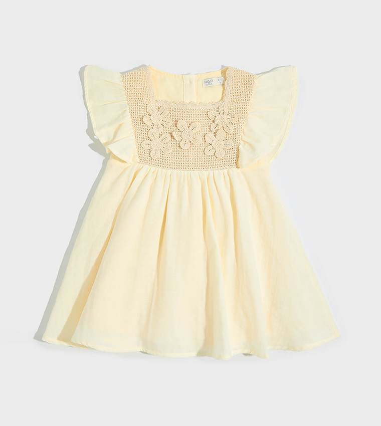 Appliqued Flared Dress with Square Neck and Ruffle Sleeves