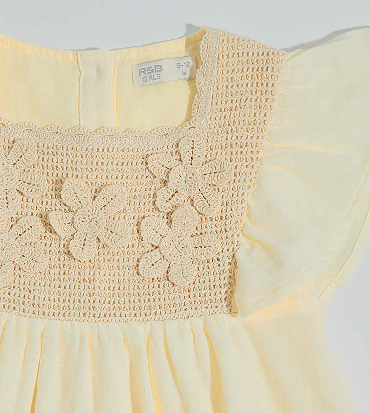 Appliqued Flared Dress with Square Neck and Ruffle Sleeves