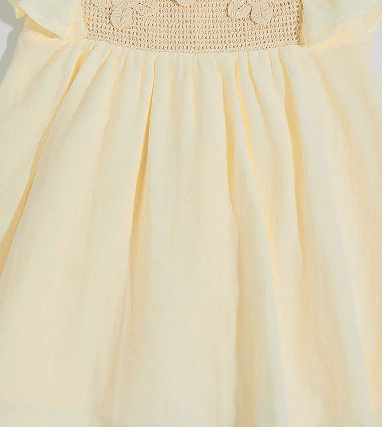Appliqued Flared Dress with Square Neck and Ruffle Sleeves