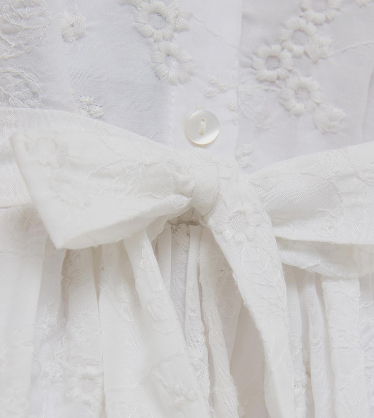 Embroidered Fit and Flare Dress with Crew Neck and Balloon Sleeves