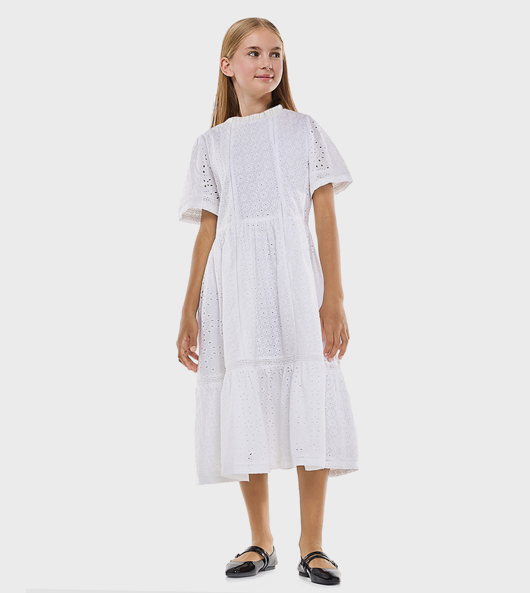 Schiffli Tiered Dress with Crew Neck and Short Sleeves