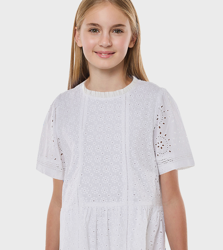 Schiffli Tiered Dress with Crew Neck and Short Sleeves