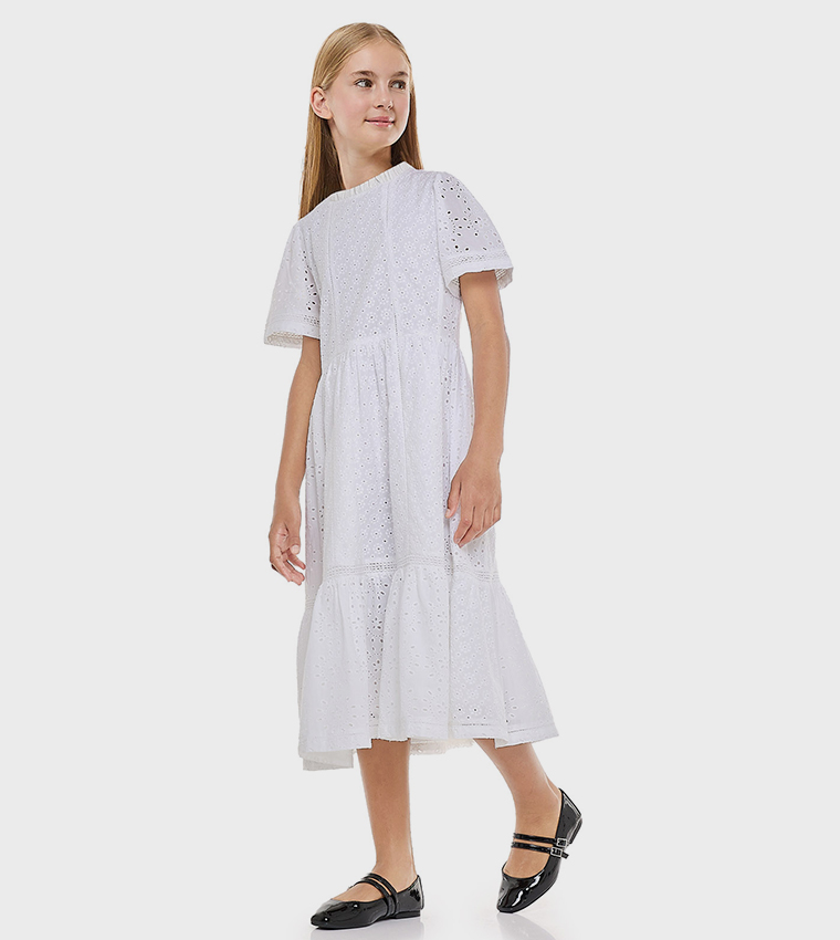 Schiffli Tiered Dress with Crew Neck and Short Sleeves