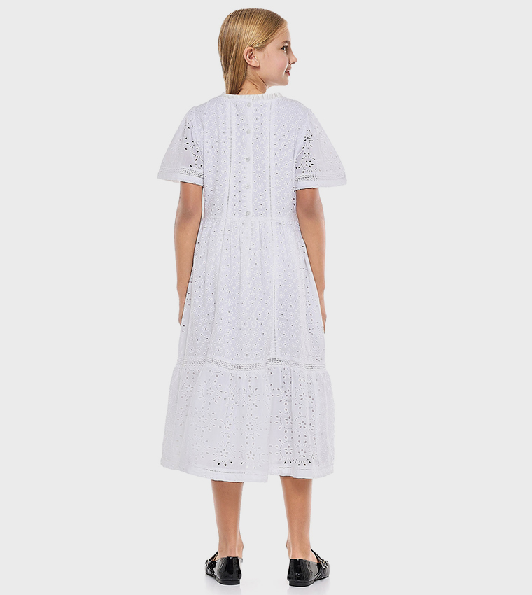 Schiffli Tiered Dress with Crew Neck and Short Sleeves