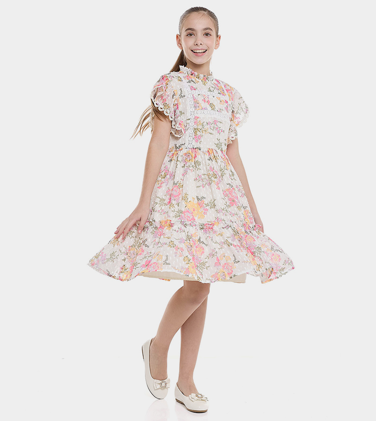 Floral Print Ruffle Hem Dress With High Neck And Flutter Sleeves