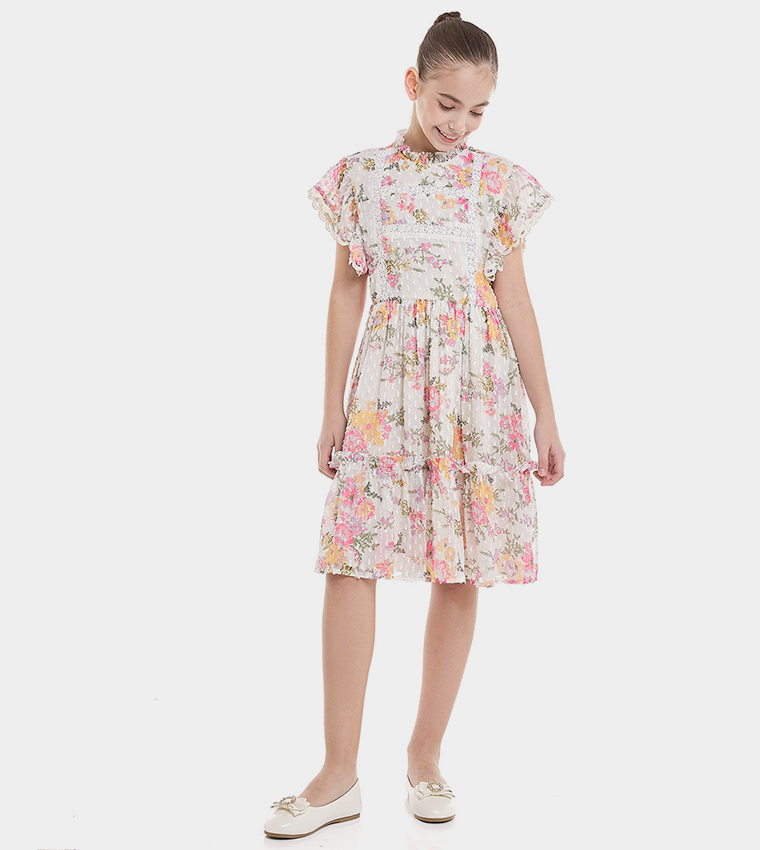 Floral Print Ruffle Hem Dress With High Neck And Flutter Sleeves