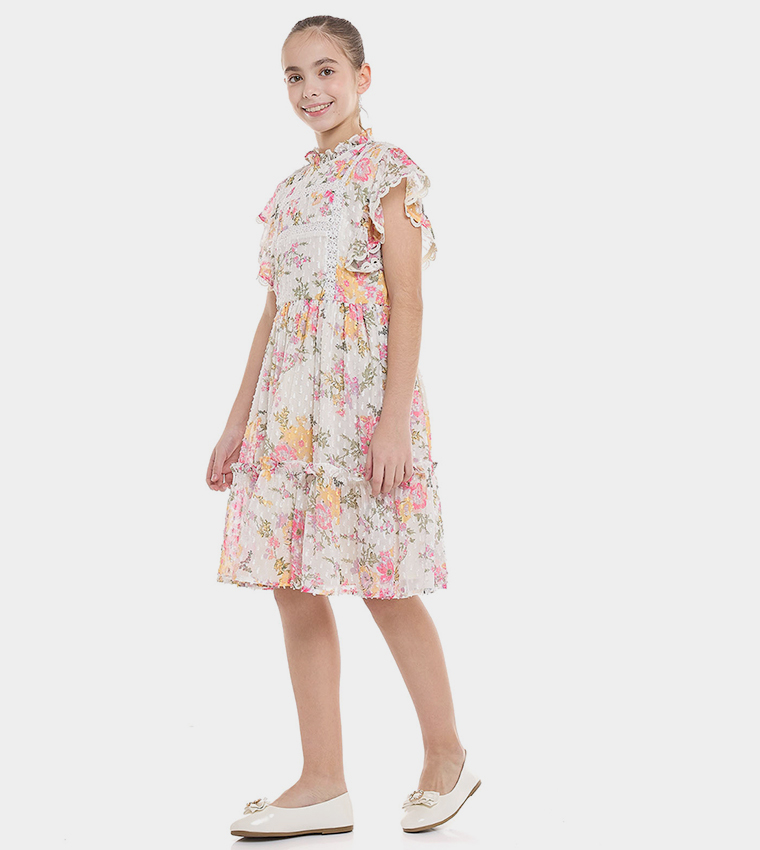 Floral Print Ruffle Hem Dress With High Neck And Flutter Sleeves