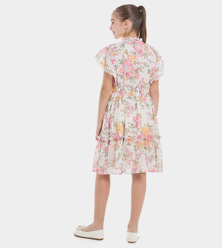 Floral Print Ruffle Hem Dress With High Neck And Flutter Sleeves