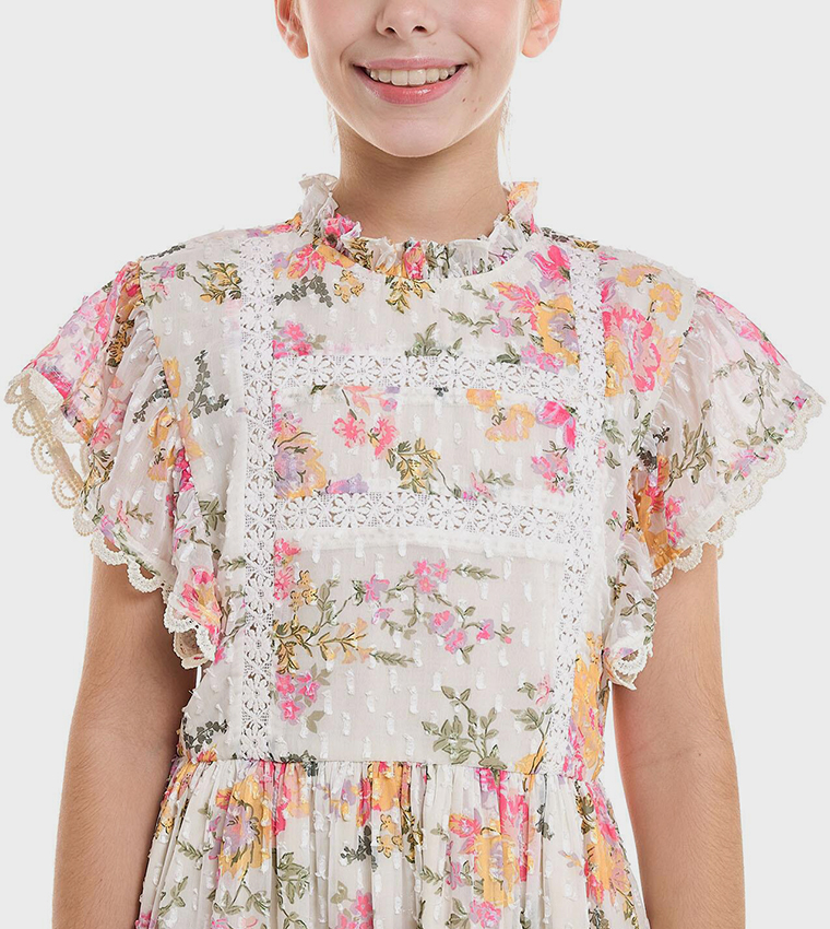 Floral Print Ruffle Hem Dress With High Neck And Flutter Sleeves