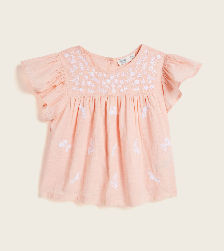 Embroidered Top with Crew Neck and Flutter Sleeves