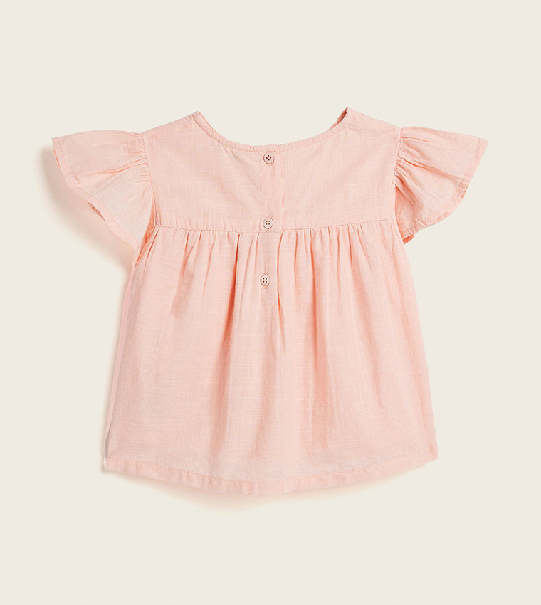 Embroidered Top with Crew Neck and Flutter Sleeves