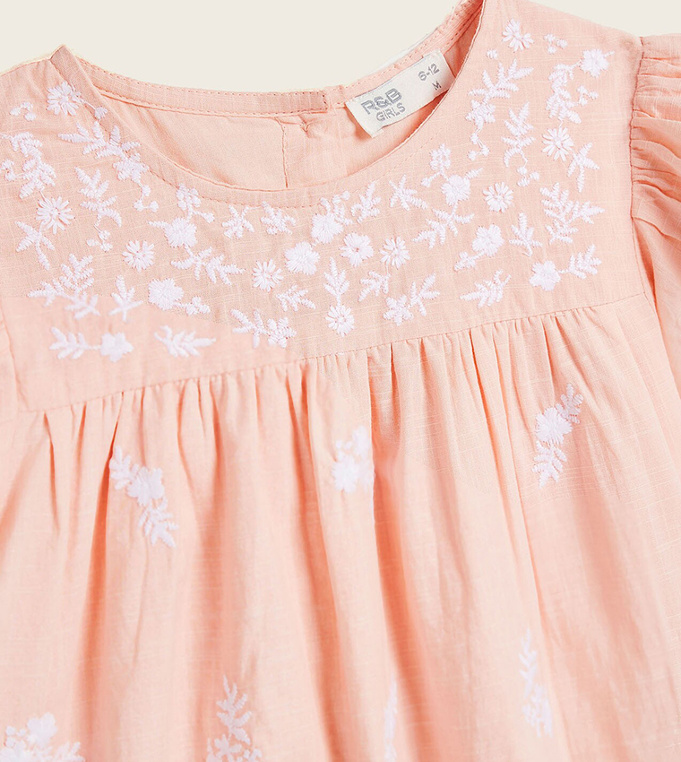Embroidered Top with Crew Neck and Flutter Sleeves