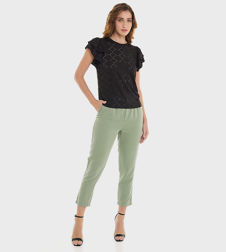 Solid Tapered Fit Pants With Button Closure