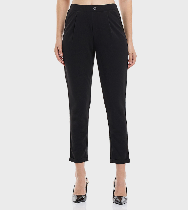 Solid Tapered Trousers with Elastic Waist