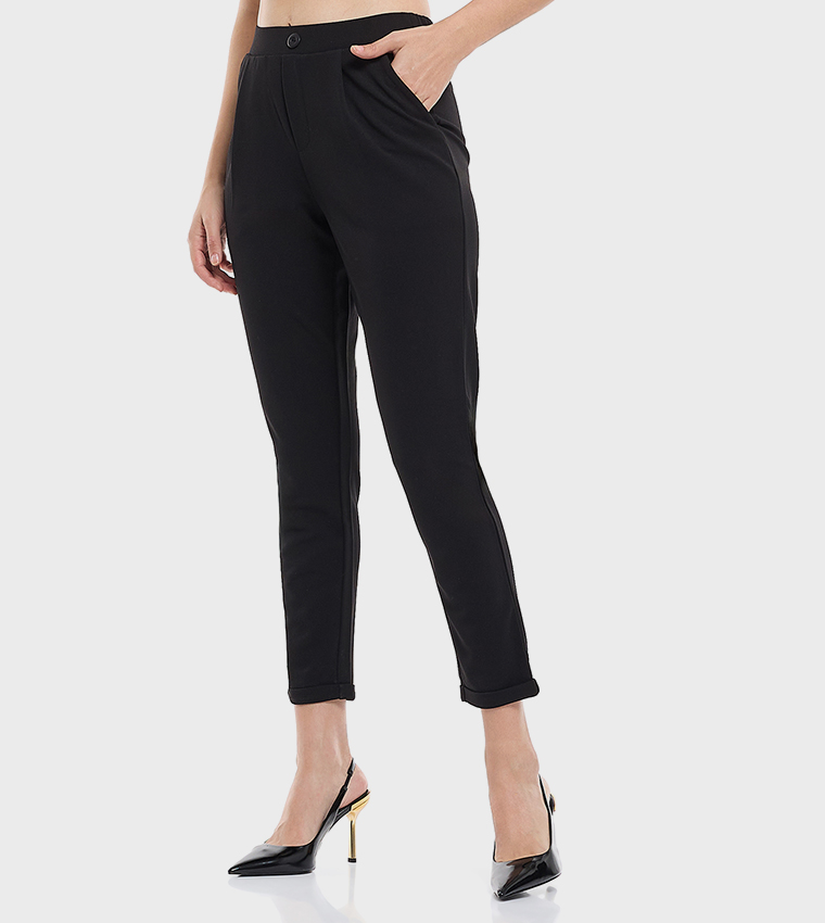Solid Tapered Trousers with Elastic Waist