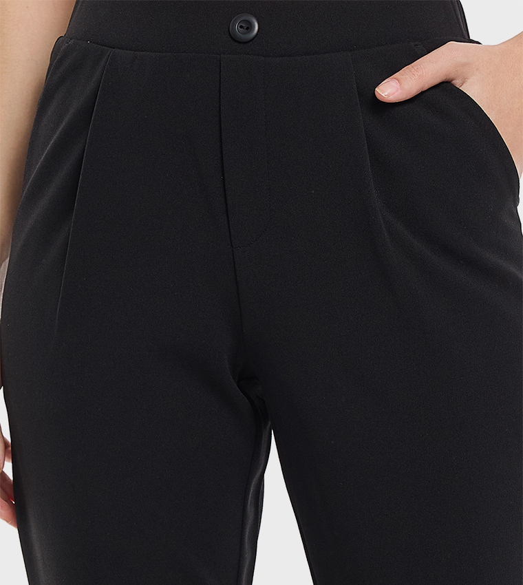 Solid Tapered Trousers with Elastic Waist
