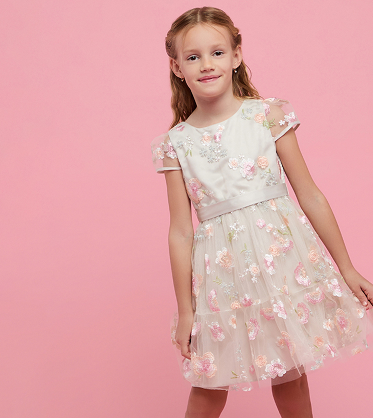 Embroidered Dress with Crew Neck and Cap Sleeves