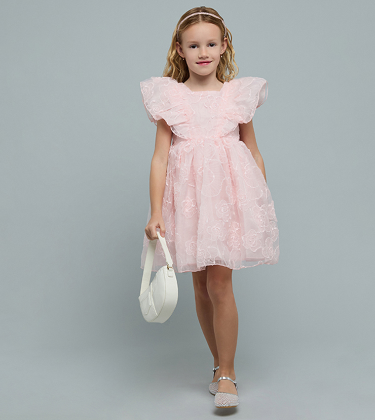 Embroidered Dress with Square Neck and Ruffle Sleeves