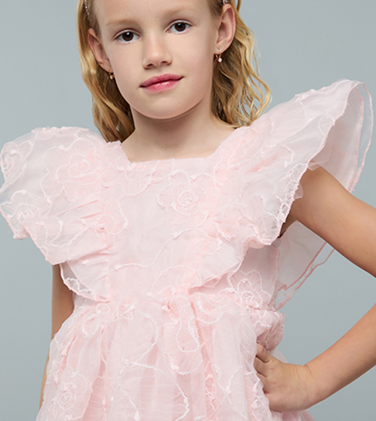 Embroidered Dress with Square Neck and Ruffle Sleeves