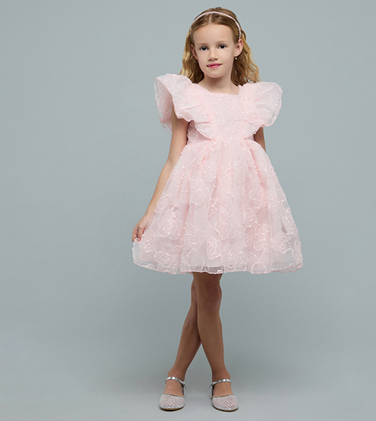 Embroidered Dress with Square Neck and Ruffle Sleeves