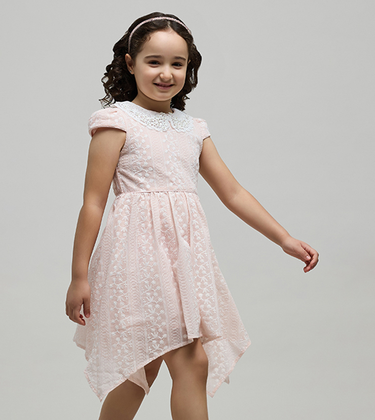 Embroidered Dress with Peter Pan Collar and Cap Sleeves