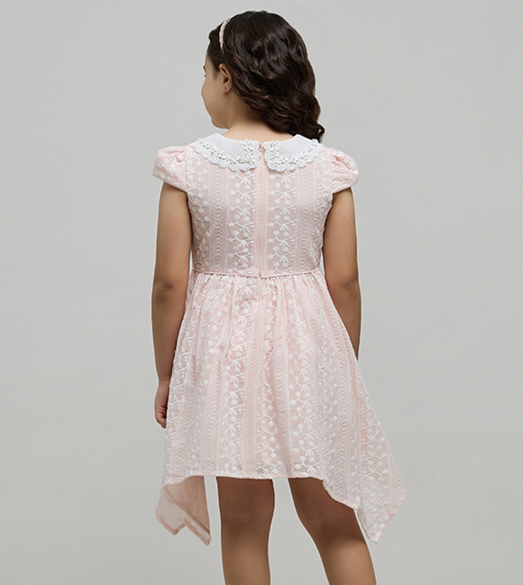 Embroidered Dress with Peter Pan Collar and Cap Sleeves