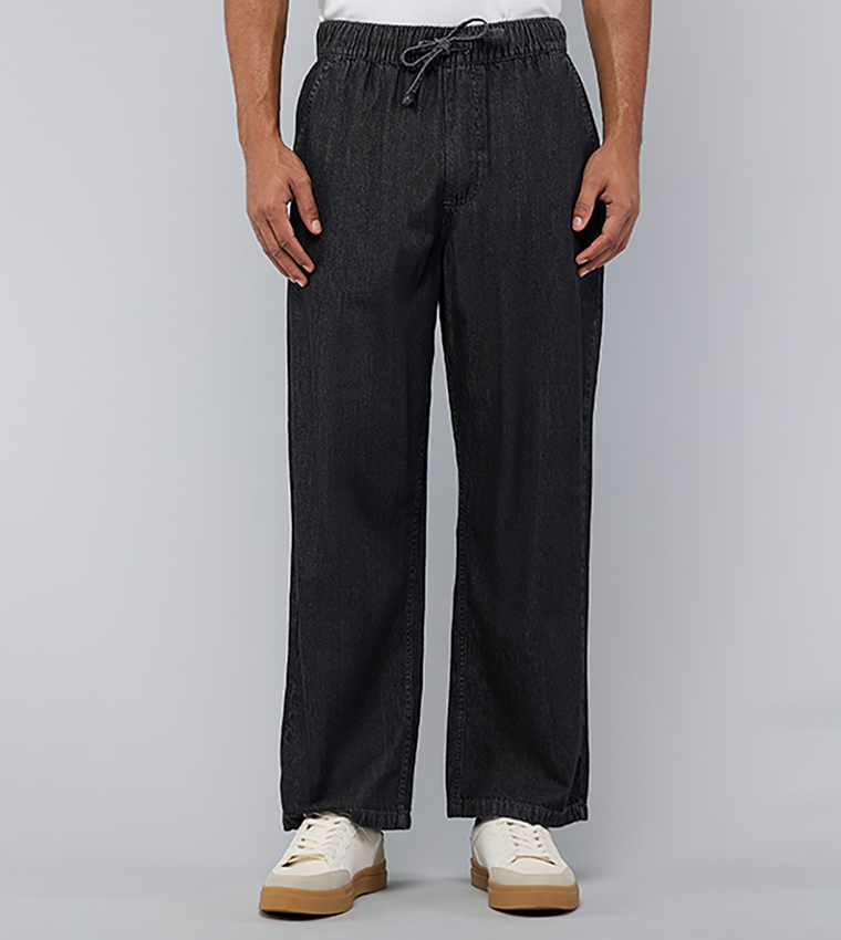 Solid Straight Fit Jeans with Elastic Waist