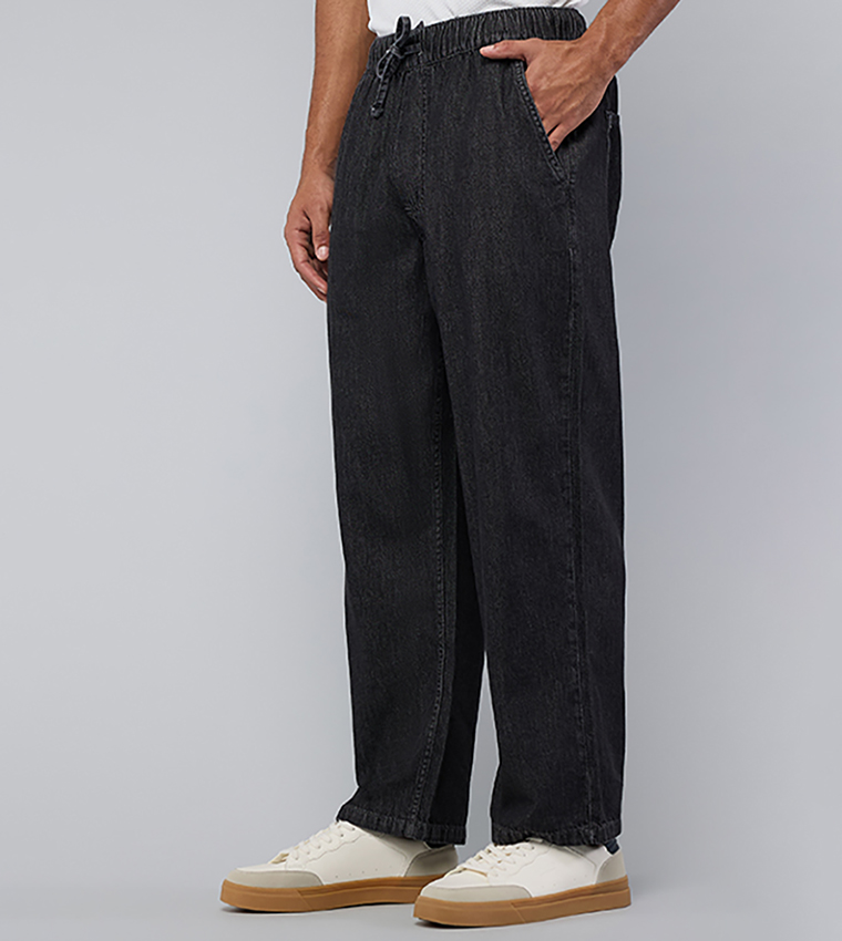 Solid Straight Fit Jeans with Elastic Waist