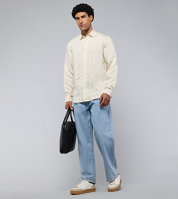 Washed Straight Fit Jeans with Elastic Waist