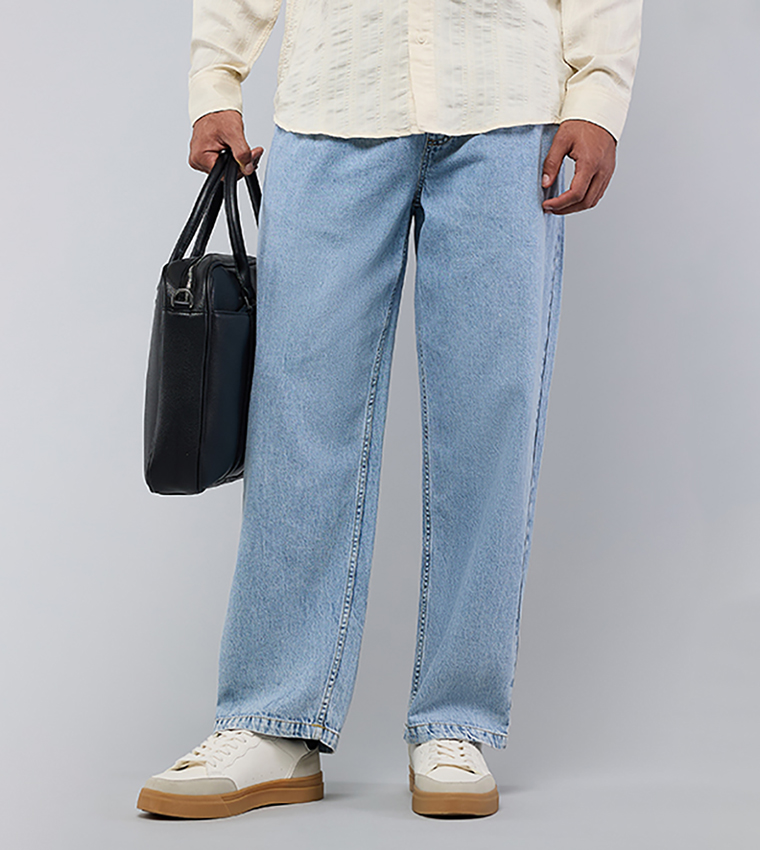 Washed Straight Fit Jeans with Elastic Waist