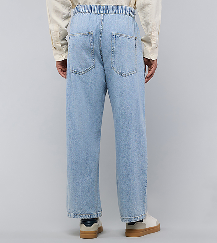 Washed Straight Fit Jeans with Elastic Waist