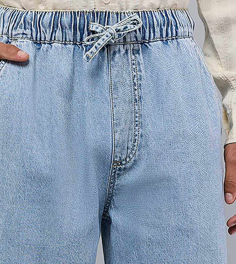 Washed Straight Fit Jeans with Elastic Waist