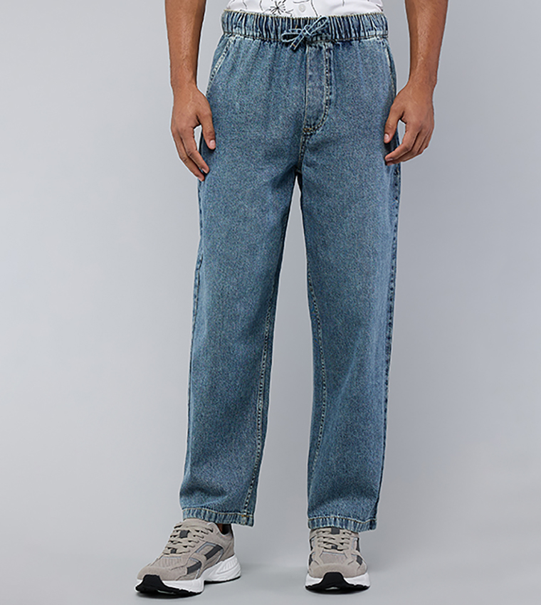 Washed Straight Fit Jeans with Elastic Waist