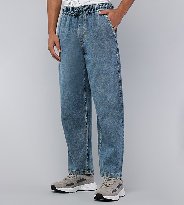 Washed Straight Fit Jeans with Elastic Waist