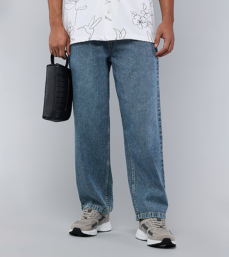 Washed Straight Fit Jeans with Elastic Waist