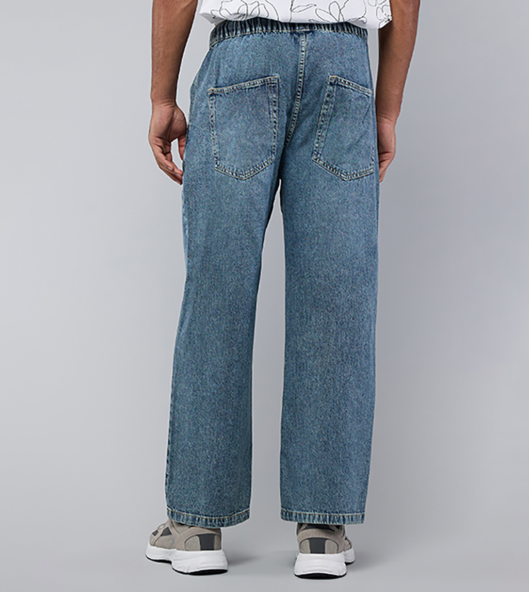 Washed Straight Fit Jeans with Elastic Waist