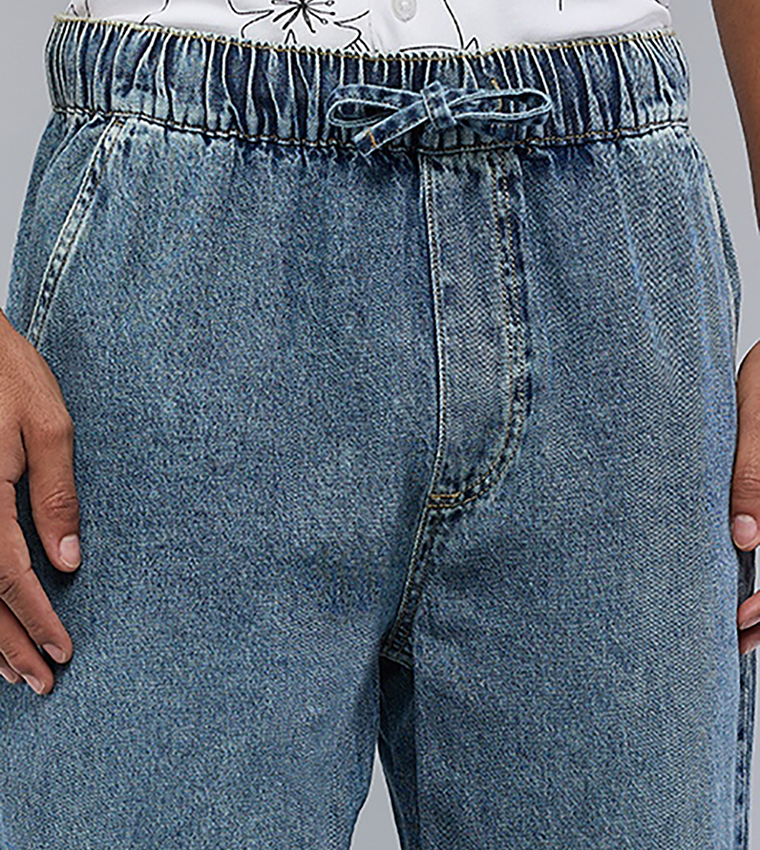 Washed Straight Fit Jeans with Elastic Waist